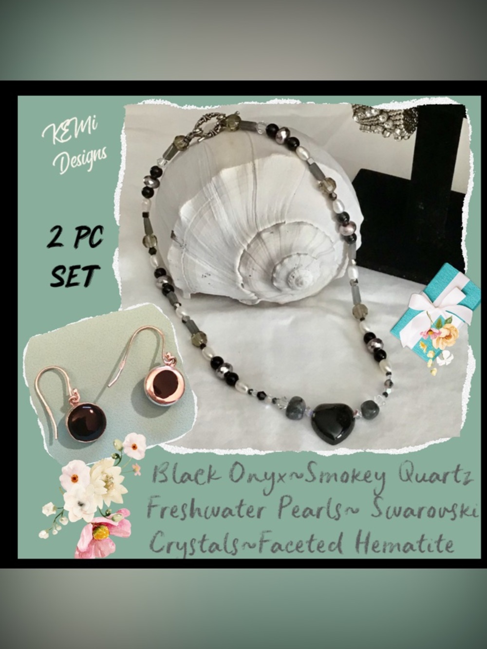 Genuine Gemstones! Necklace w/Sterling Onyx Earring Set